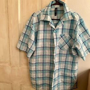 True Rock Dress Shirt XL Aqua Green And Blue Plaid